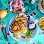 Fish Tacos with Mango Salsa, Coleslaw, and Guacamole