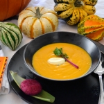 Halloween Pumpkin Soup with Veggies and an Arepa