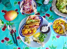Fish Tacos with Mango Salsa, Coleslaw, and Guacamole